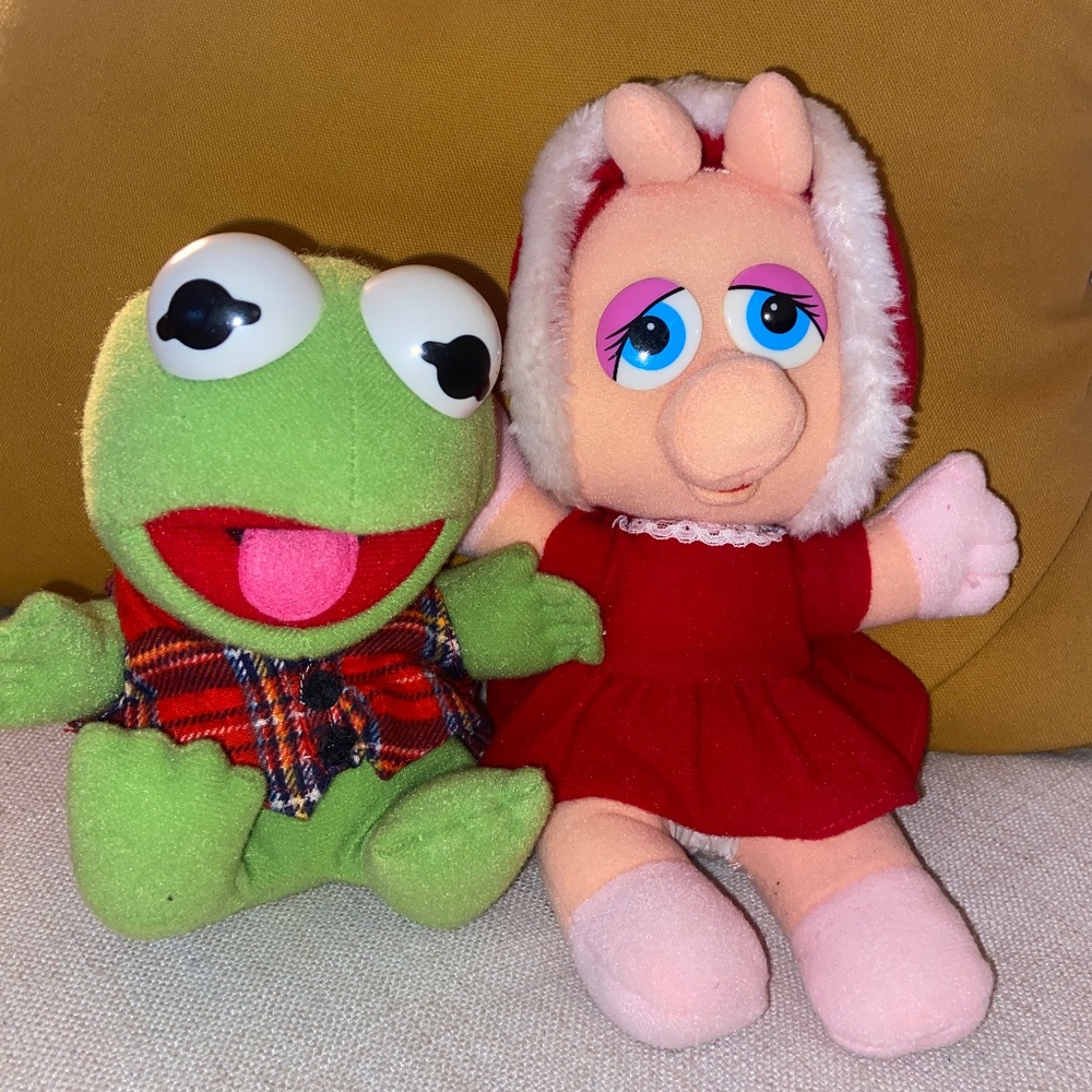 1980's Baby Kermit and Baby Miss Piggy Stuffed Christmas Muppet Plushies